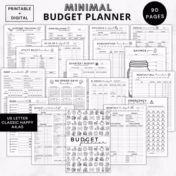 Printable Budget Planner Bundle: Minimalist Finance Journal (Digital Download, PDF, A5/A4/US Letter/Happy Planner Sizes)