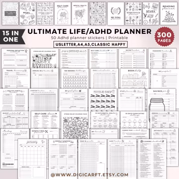 ADHD planner bundle for adults printable a4,Ultimate Life planner,Productivity goalplanner,selfcare fitness personal 2026 journal inserts a5