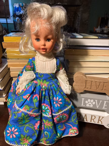 Fugga Italian doll vintage 1960’s era 14” vinyl plastic toy doll in original bright floral dress rare blink eyes long grey silver hair