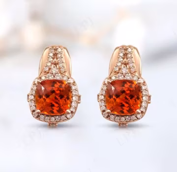 Cushion Cut Orange Sapphire Earrings For Women Vintage Halo Stud Earrings 925 Silver Orange Gemstone Earrings Unique Halo Wedding Earrings