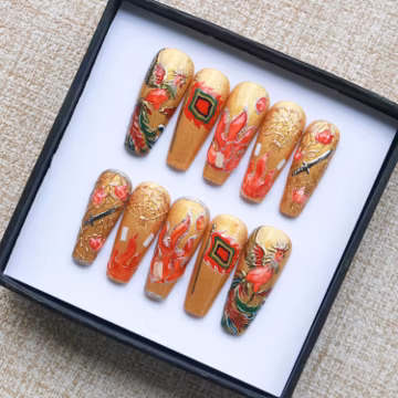 Gold Phoenix Press On Nails, Red Flame and Lotus Art, Long Coffin Nails