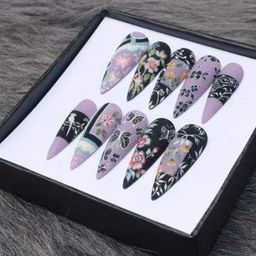 Lilac Black Floral Press On Nails, Hand Painted Butterfly and Bird, Long Stiletto Nails