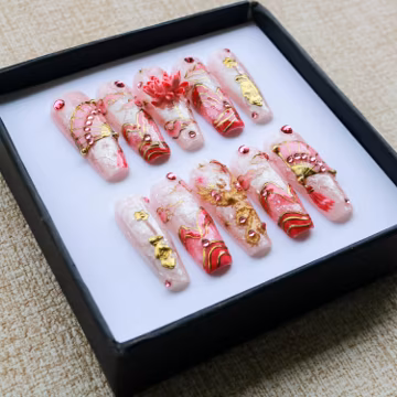 Handmade Pink Chinese Art Press On Nails, 3D Lotus Phoenix Fan, Long Coffin Nails