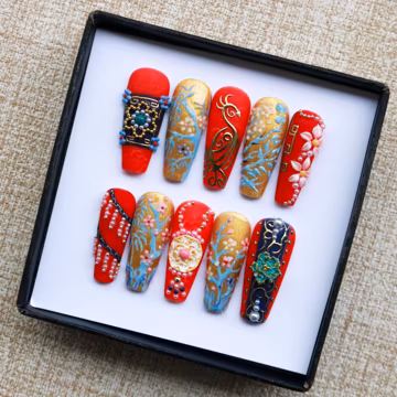 Handmade Chinese Inspired Red Gold Press On Nails, Bamboo Floral 3D Long Coffin Nails