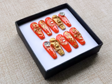 Handmade Chinese Dragon Red Gold Press On Nails, 3D Crystal Long Coffin Nails