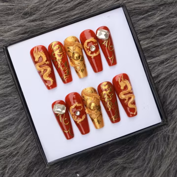 Crimson Dragon Sovereign Press On Nails β Red Gold 3D Dragon Scorpion Long Coffin Set
