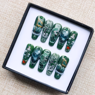 Emerald Green Chinese Landscape Press On Nails, 3D Sword and Jade, Long Coffin Nails