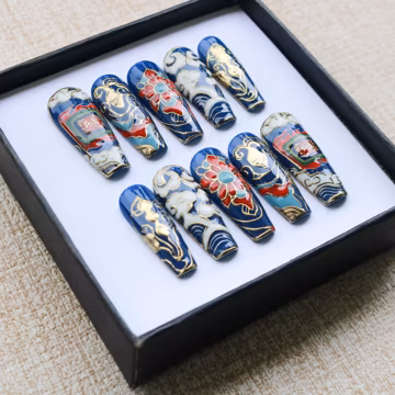 Handmade Tibetan Inspired Blue Gold Press On Nails, Lotus Cloud Art, Long Coffin Nails
