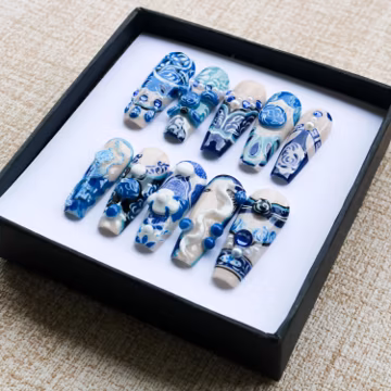 Handmade Blue White Porcelain Press On Nails, Chinoiserie 3D Art, Long Coffin Nails