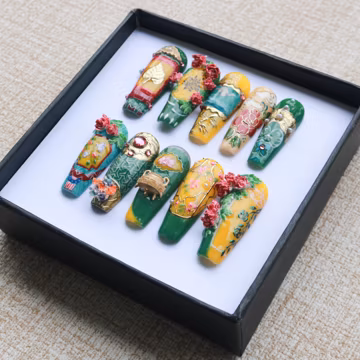 Green Gold Chinoiserie Press On Nails, 3D Floral Imperial Garden, Long Coffin Nails