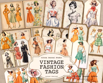 Vintage Fashion Tags, Sewing Tags, Fashion Illustration, 70s Fashion, Junk Journal Tags, Vintage Women, Digital Tags, Printable Tags, Dress