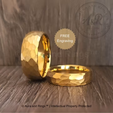 Gold Hammered Tungsten Wedding Band Ring for Men Women, Hammered Gold Ring, 4mm 6mm 8mm Wedding Band for Him Her, Personalized Engraving
