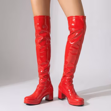 Women’s Thigh-High Platform Boots | Glossy Block-Heel Zip Boots