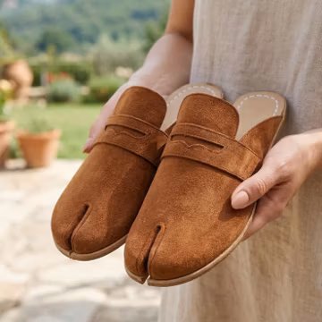 Women's Penny Clog Slipper Barefoot Shoes TAN SUEDE Leather Split-Toe, Comfort, Style: Handmade