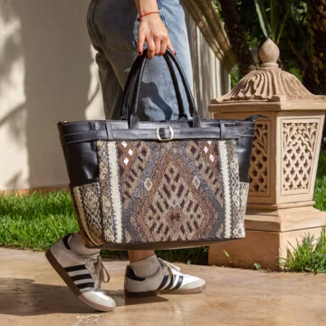 Personalized Leather Tote Bag, Handmade Moroccan Carpet Tote, Genuine Leather Shoulder Bag, Work Purse for Women