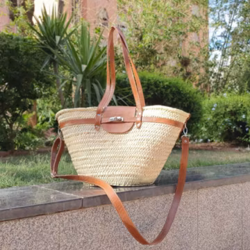 handmade large straw french baskets with leather straps, straw basket bag with leather handles, woven palm leaves basket with black handle