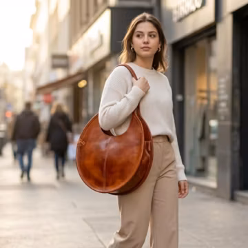 Brown Shoulder Bag, Round Leather Shoulder Bag Women, Oversized Circle Leather Tote, Moroccan Handmade Leather Handbag, Large Round Purse,