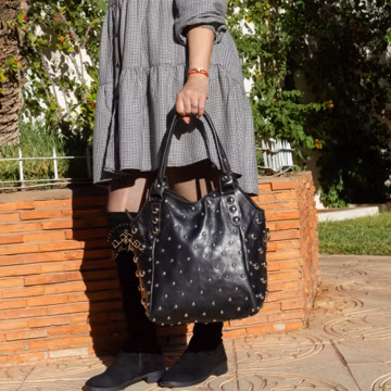 Personalized Black Shoulder Bag with Rivets, Studded leather shoulder handbag, luxurious tote bag, Polka dot Studded leather tote bag
