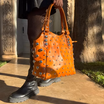 Shoulder Bag with Rivets, Studded leather handbag, luxurious tote bag, Polka dot Studded leather tote bag, polka dot leather shoulder bag.