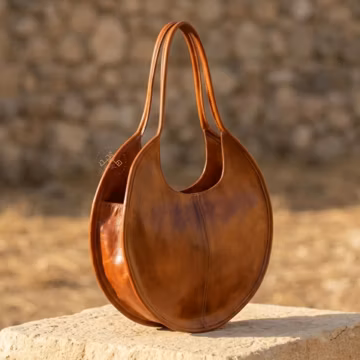 Round Leather Shoulder Bag Women, Large Circle Leather Bag, Oversized Brown Leather Purse, Minimalist Boho Shoulder Bag,Gift for her