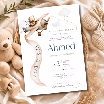 Muslim Baby Boy Birth Announcement | It's a Boy Announcement for Newborn | Blue Baby Birth Card | Teddy Airplane | Editable Canva Template