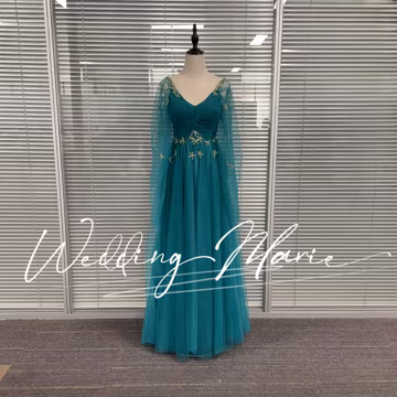 Teal Tulle Prom Dress: Long Sleeved Fairy Gown, V-neck Evening Dress
