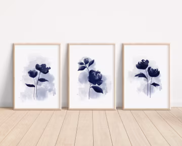 Hamptons Navy Watercolour Flowers, Coastal Farmhouse, Wall Art Poster Prints Decor, Set of 3 Printable Download