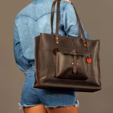 Tote bag with pocket, large tote bag, zipper tote bag, brown tote bag, pocket large bag, women bag, personalise tote bag, leather tote bag