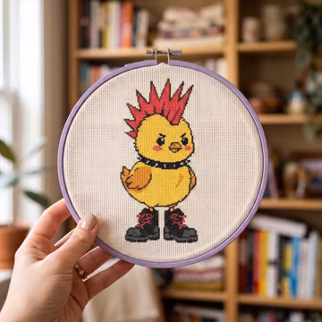 Little chick in a funky outfit cross-stitch pattern, funny beginner-friendly, summer embroidery, simple humour, chicken, rock music lover