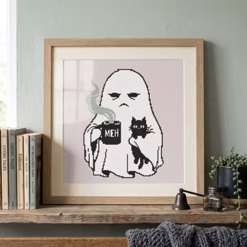 Ghost, black cat and coffee cross-stitch pattern, funny beginner-friendly, winter embroidery, lazy ghost morning, Halloween baby ghost, tea