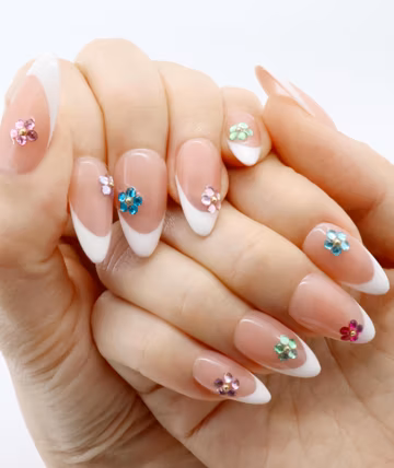 Rhinestone flowers french tips nails press on/ Fake acrylic