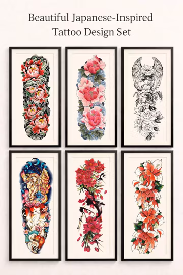 Full Arm Temporary Tattoos: Floral, Angel, Unicorn Designs (Set of 6)