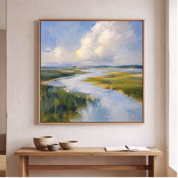 Summer Marsh River Landscape Oil Painting | Bright Green Impasto Canvas Decor | Peaceful Bedroom Wall Art | 100% Hand Painted 3D Textured