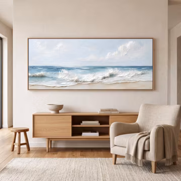 Light Blue Ocean Wave Oil Painting | Serene Coastal Impasto Canvas Decor | Minimalist Living Room Wall Art | 100% Hand Painted 3D Textured