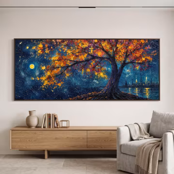 Starry Night Autumn Tree Oil Painting | Vibrant City Skyline Impasto Canvas Decor | Bedroom Wall Art | 100% Hand Painted Heavy Impasto