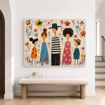 Whimsical Diverse Family Wall Art, Colorful Floral Figurative Canvas Painting, Playful People Abstract Art