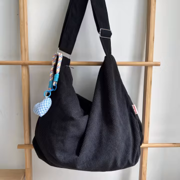 Black Corduroy Zipper Shoulder Tote Bag | Retro Style, Interior Pocket