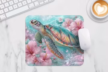 Sea Turtle Mousepad Sublimation PNG, Hibiscus Floral Ocean Design