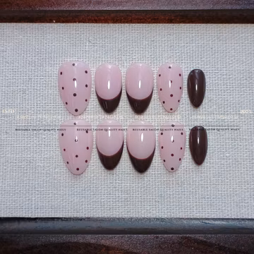 Brown Polka Dot Press On Nails, Espresso French Tip Fake Nails, Dark Chocolate Gel Nails, Cute Reusable Vintage Glue On Nails, XHJ1442