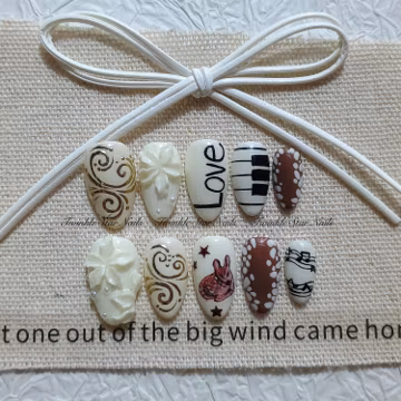Vintage Music Note Press On Nails, Piano Keys with 3D Ivory Flower Hand Painted Deer Unique Glue On Nails