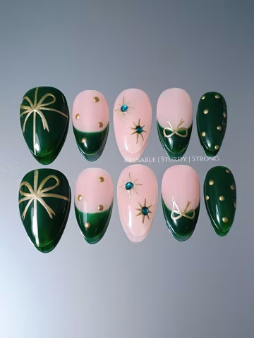 Emerald Green French Tip Nails, Classic Christmas Almond Press On Nail, Reusable Xmas Holiday Nails
