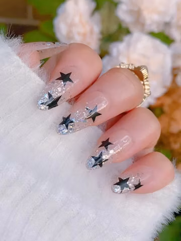 Shimmery Black Star Press On Nails, Aesthetic Galaxy Nail, Glitter Almond Nail, Reusable Handmade Nail