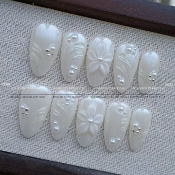 Embossed floral bridal press-on nail, luxury 3d flower nail art, wedding guest reusable glue on nails, XHJ26
