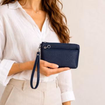 Navy Blue Genuine Leather Wristlet Pouch Wallet Handmade Italian Women Gift