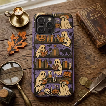 Bookish Ghost Phone Case iPhone 17 16 15 Galaxy S26, 25 Spooky Book Worm Horror Cover, Haunted Library Bookshelf Halloween Gift for Her