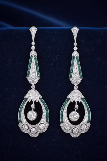 Antique Victorian Drop Earrings, Art Deco Party Wear Earring, Green Gemstone Edwardian Earrings, Baguette And Round CZ Stone Wedding Earring