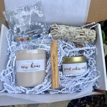 New Home Gift Box: Sage Lavender Candle, Crystal, Abalone & Palo Santo
