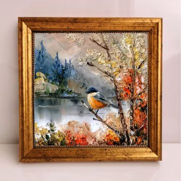 Chickadee Painting Bird Original Art: Lake Landscape Impasto Oil Artwork