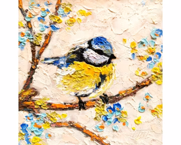 Chickadee Bird Painting: Cherry Blossom Impasto Oil Art, 6x6