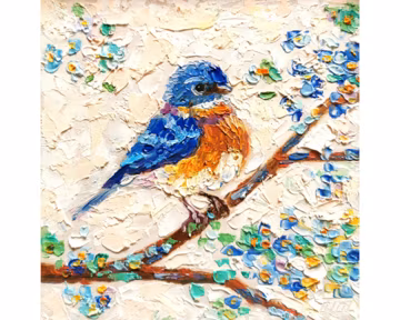 Blue Bird Impasto Painting: Floral Cherry Blossom Art (6x6)